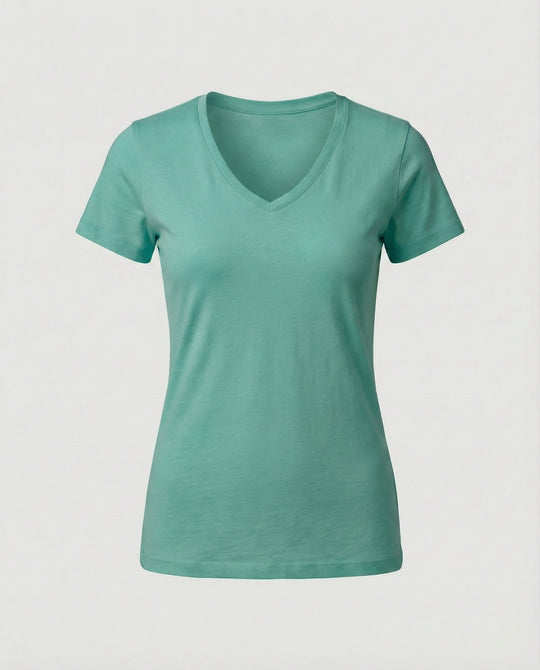 Tailliertes Damen T-Shirt mit V-Ausschnitt aus atmungsaktiver Baumwolle