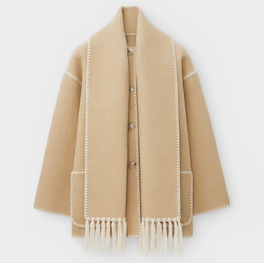 R&B | Wollmantel - Oversized Fit - Schal-Kragen mit Fransen - Dekorative Nähte - Knopfverschluss