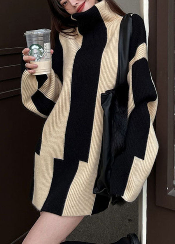 R&B | Einzigartiger Schwarzer Hochgeschlossener Gestreifter Gemütlicher Langer Strickpullover Winter