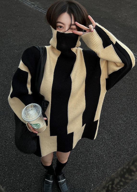 R&B | Einzigartiger Schwarzer Hochgeschlossener Gestreifter Gemütlicher Langer Strickpullover Winter