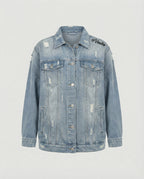 Locker sitzende Jeansjacke mit ausgefransten Details, Metallknopfleiste und aufgesetzten Brusttaschen R&B