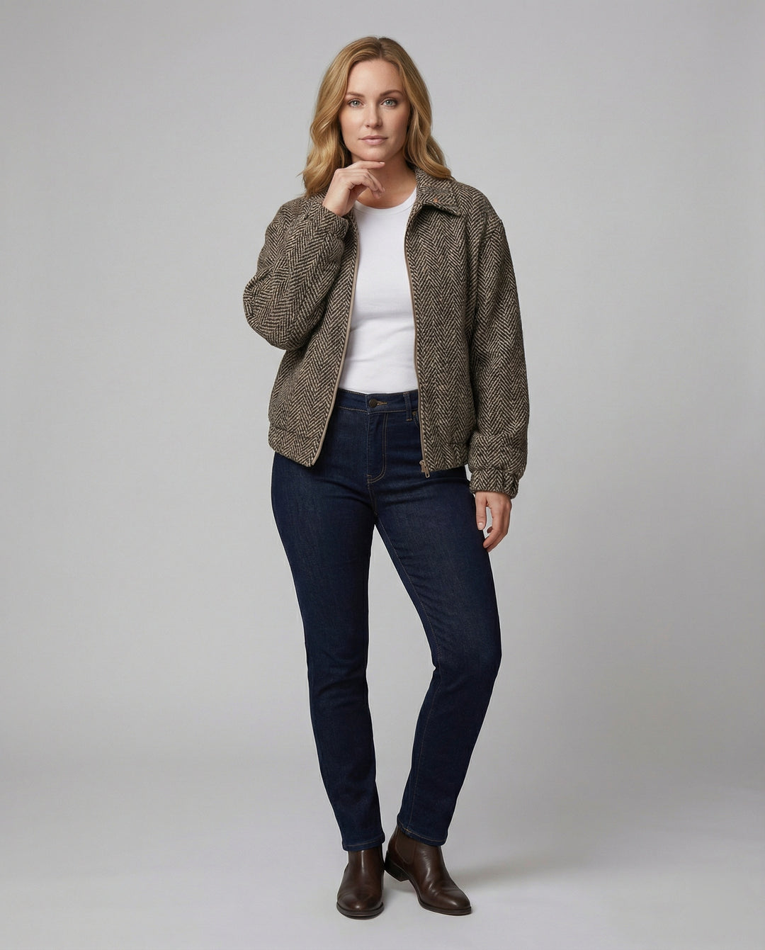 Weit geschnittener Wollblouson mit Fischgrätstruktur, Reißverschluss und elastischen Bündchen R&B