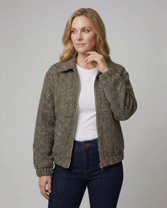 Weit geschnittener Wollblouson mit Fischgrätstruktur, Reißverschluss und elastischen Bündchen R&B