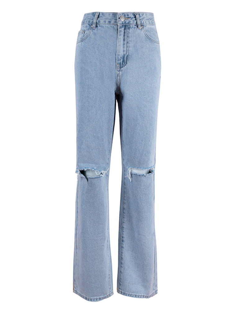 R&B | Damen Jeanshose mit Lockerer Passform Zerrissen Weites Bein Hohe Taille Lassige Baggy Jean