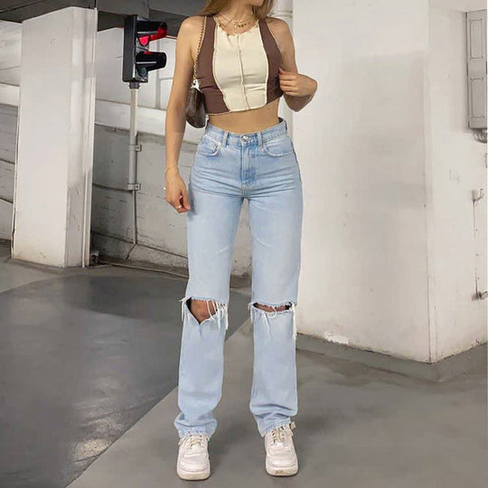 R&B | Damen Jeanshose mit Lockerer Passform Zerrissen Weites Bein Hohe Taille Lassige Baggy Jean