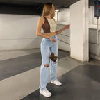 R&B | Damen Jeanshose mit Lockerer Passform Zerrissen Weites Bein Hohe Taille Lassige Baggy Jean