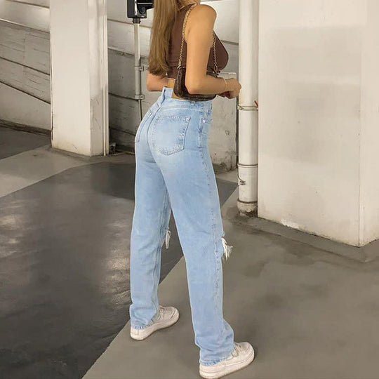 R&B | Damen Jeanshose mit Lockerer Passform Zerrissen Weites Bein Hohe Taille Lassige Baggy Jean