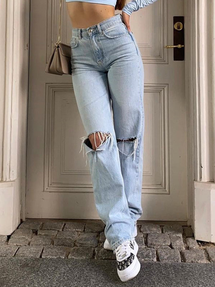 R&B | Damen Jeanshose mit Lockerer Passform Zerrissen Weites Bein Hohe Taille Lassige Baggy Jean