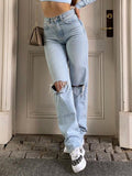 R&B | Damen Jeanshose mit Lockerer Passform Zerrissen Weites Bein Hohe Taille Lassige Baggy Jean