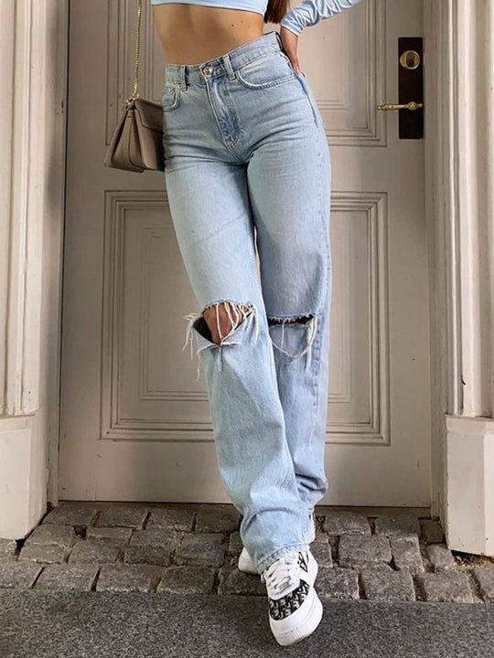 R&B | Damen Jeanshose mit Lockerer Passform Zerrissen Weites Bein Hohe Taille Lassige Baggy Jean