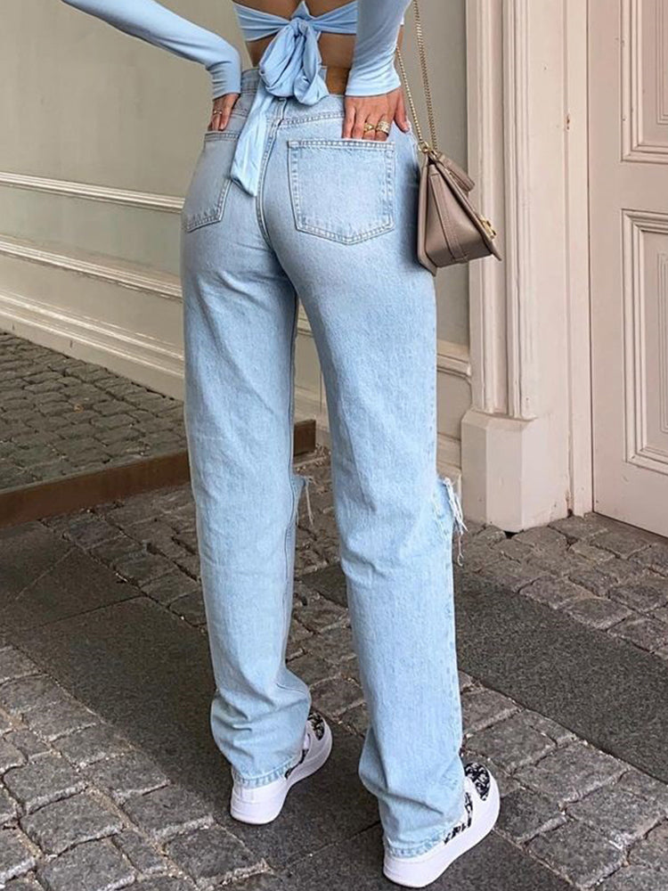 R&B | Damen Jeanshose mit Lockerer Passform Zerrissen Weites Bein Hohe Taille Lassige Baggy Jean