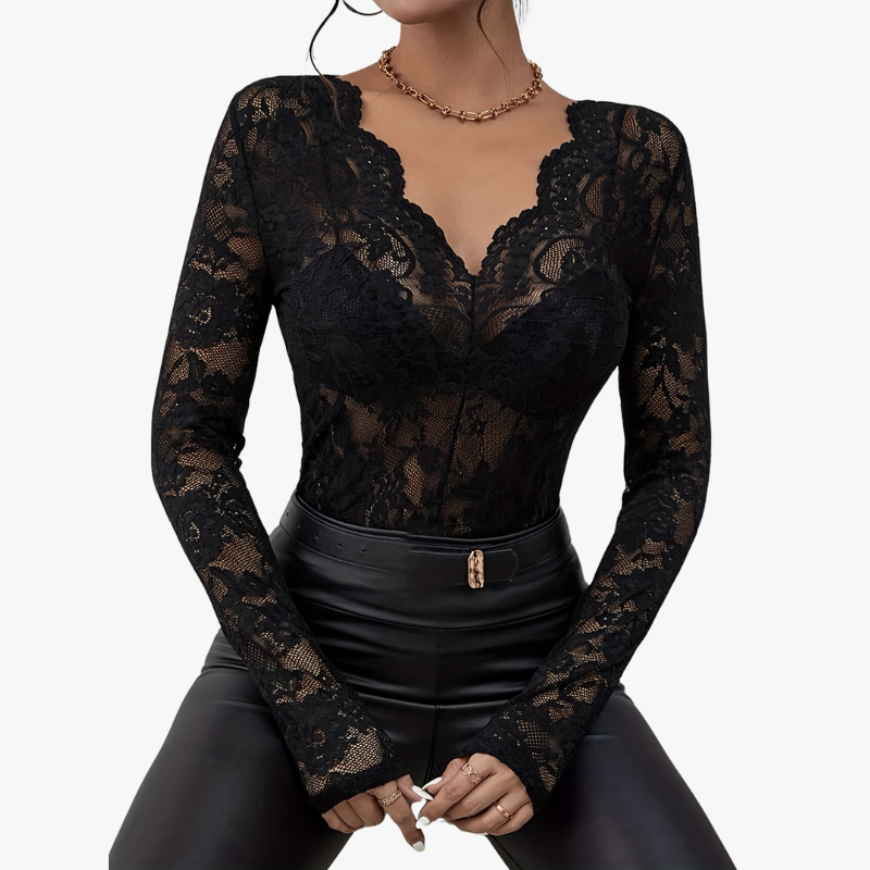 R&B | Elegantes V-Ausschnitt Top mit Langen Ärmeln und Spitze für Damen