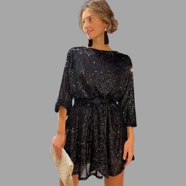 Pailletten-Minikleid mit plissierter Taille und weiten Ärmeln