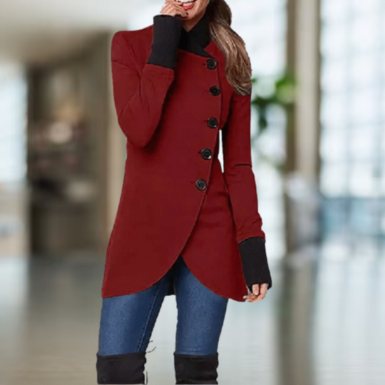 R&B | Mantel für Damen Asymmetrischer Schnitt Knopfverschluss Hoher Kragen Eleganter Slim Fit