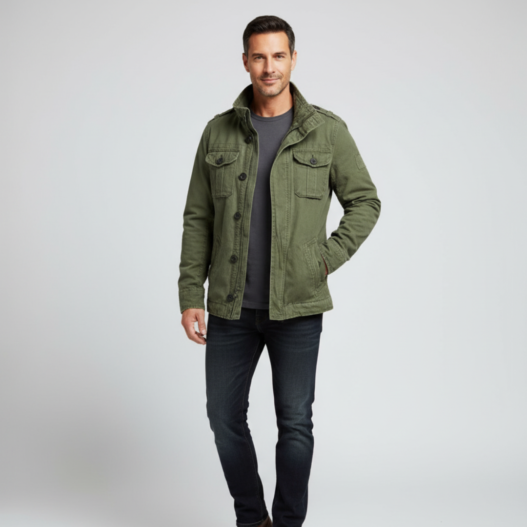 R&B | Jeansjacke Reguläre Passform Knopfverschluss Hoher Kragen Mehrere Taschen Schulterklappen