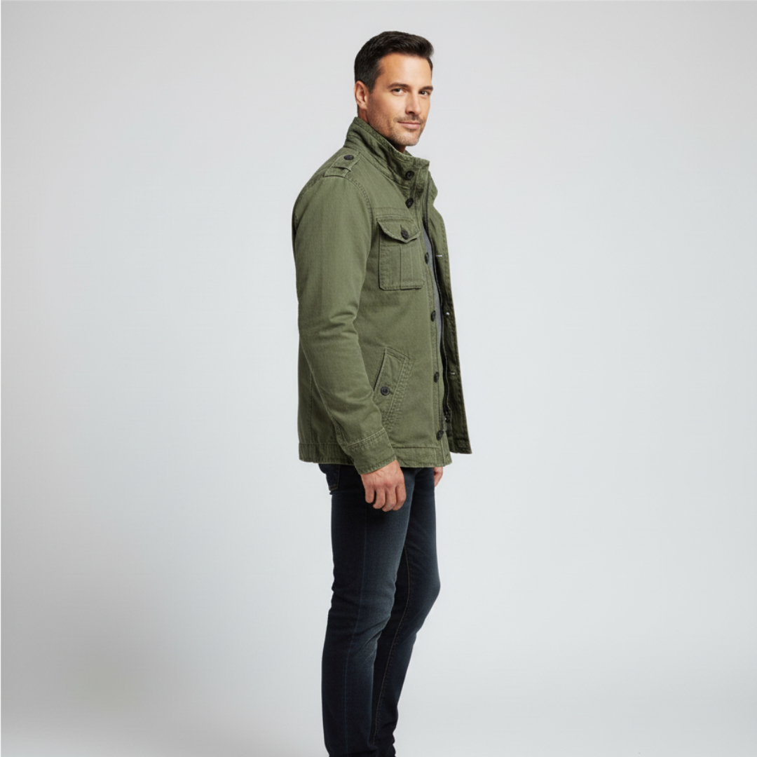 R&B | Jeansjacke Reguläre Passform Knopfverschluss Hoher Kragen Mehrere Taschen Schulterklappen