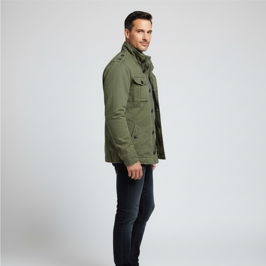 R&B | Jeansjacke Reguläre Passform Knopfverschluss Hoher Kragen Mehrere Taschen Schulterklappen