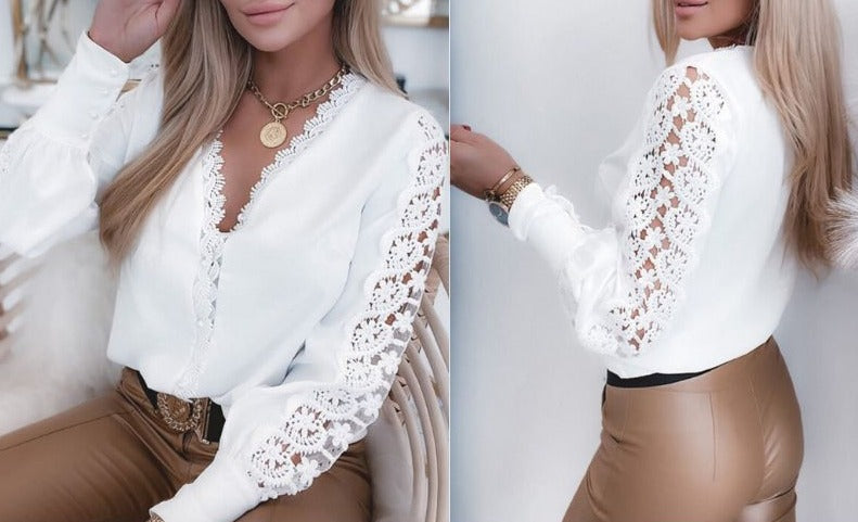 R&B | Elegante Top Mit Spitzenärmel Und V-Ausschnitt