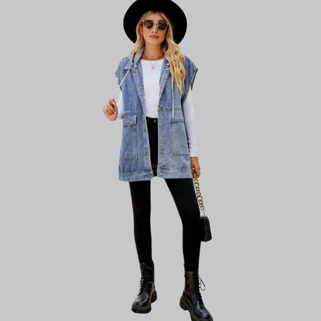 R&B | Denim Weste mit Kapuze und Used-Look