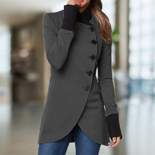 R&B | Mantel für Damen Asymmetrischer Schnitt Knopfverschluss Hoher Kragen Eleganter Slim Fit