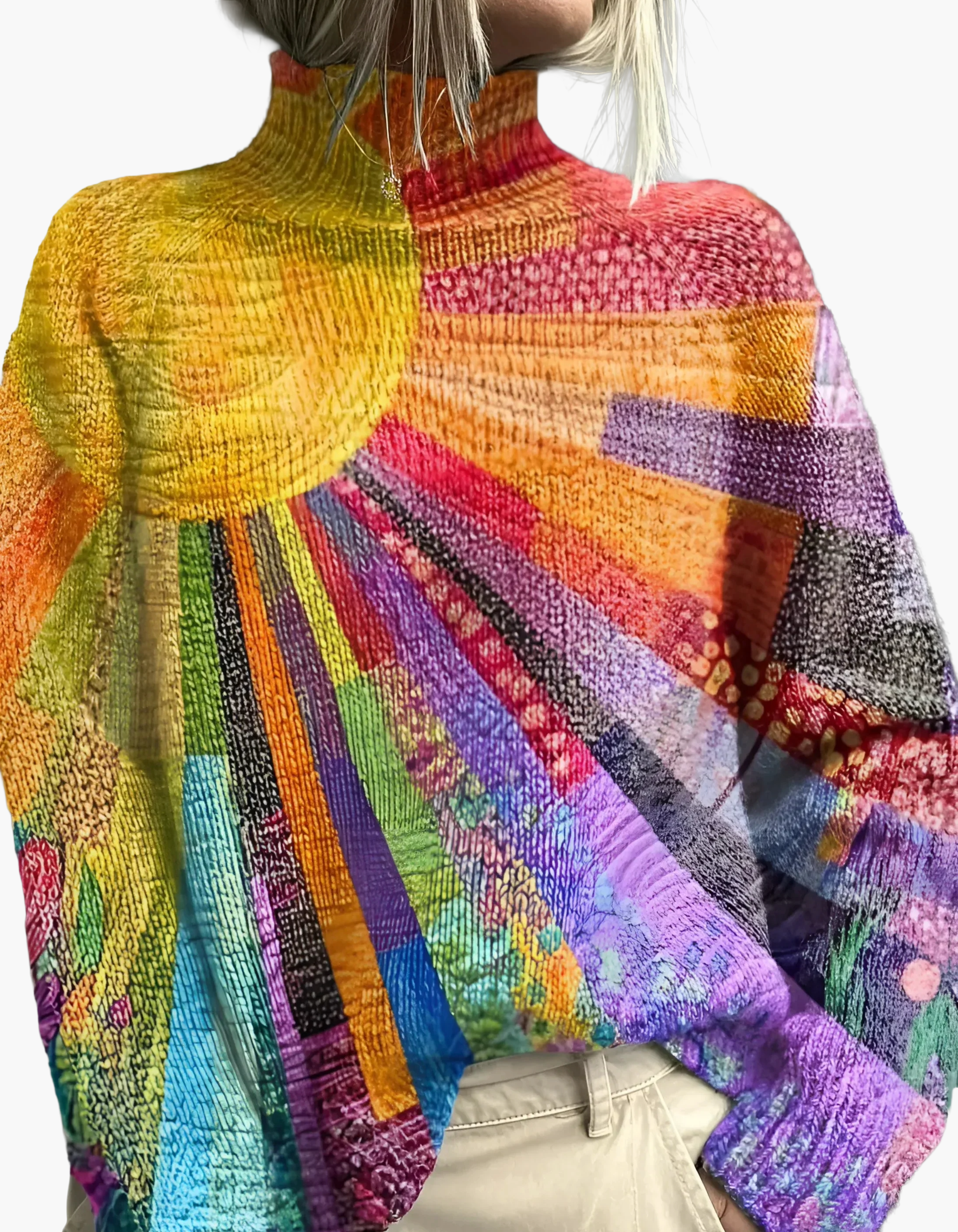 R&B | Strickpullover mit Rollkragen - Künstlerischer Boho-Stil, Perfekt für Alltag & Freizeit