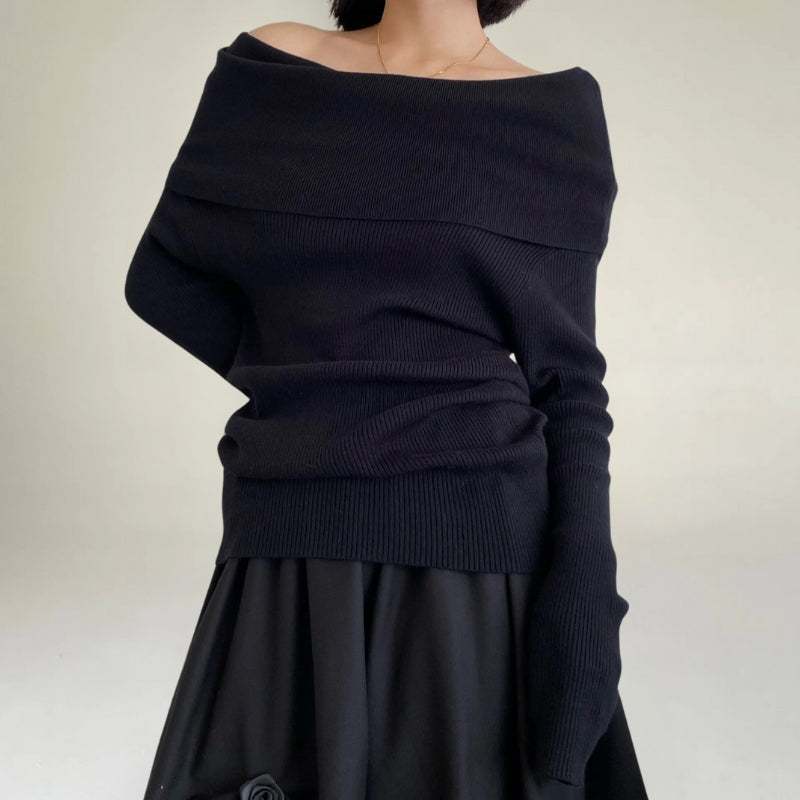 R&B | Off-Shoulder Strickpullover Gerippter Strick Enganliegendes und Elegantes Design