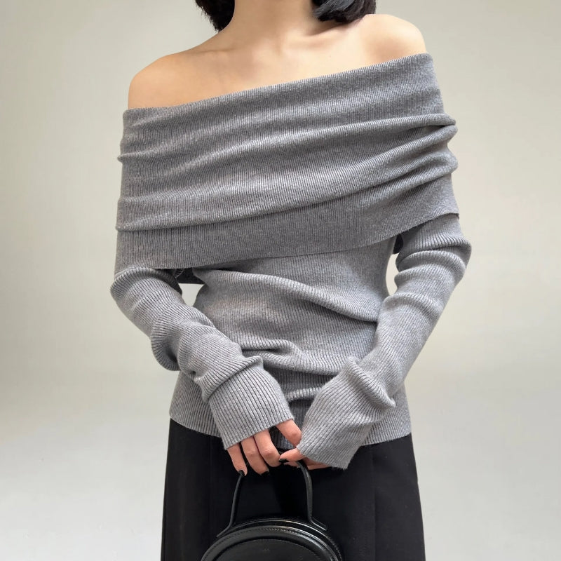 R&B | Off-Shoulder Strickpullover Gerippter Strick Enganliegendes und Elegantes Design