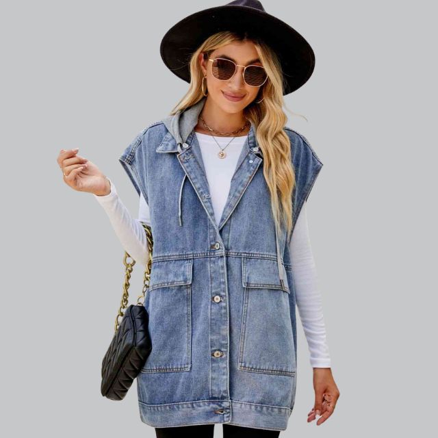 R&B | Denim Weste mit Kapuze und Used-Look