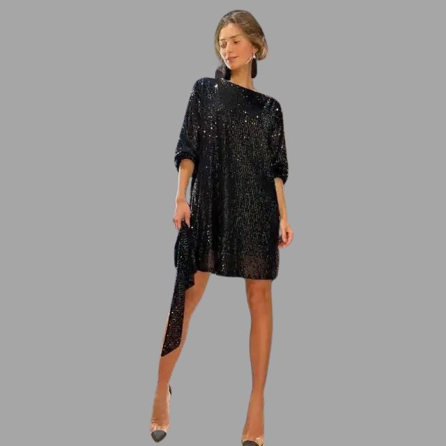 Pailletten-Minikleid mit plissierter Taille und weiten Ärmeln