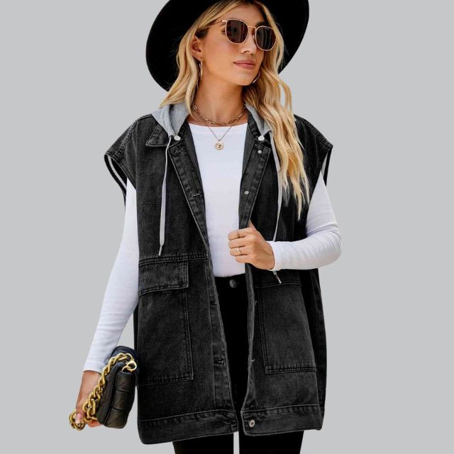 R&B | Denim Weste mit Kapuze und Used-Look
