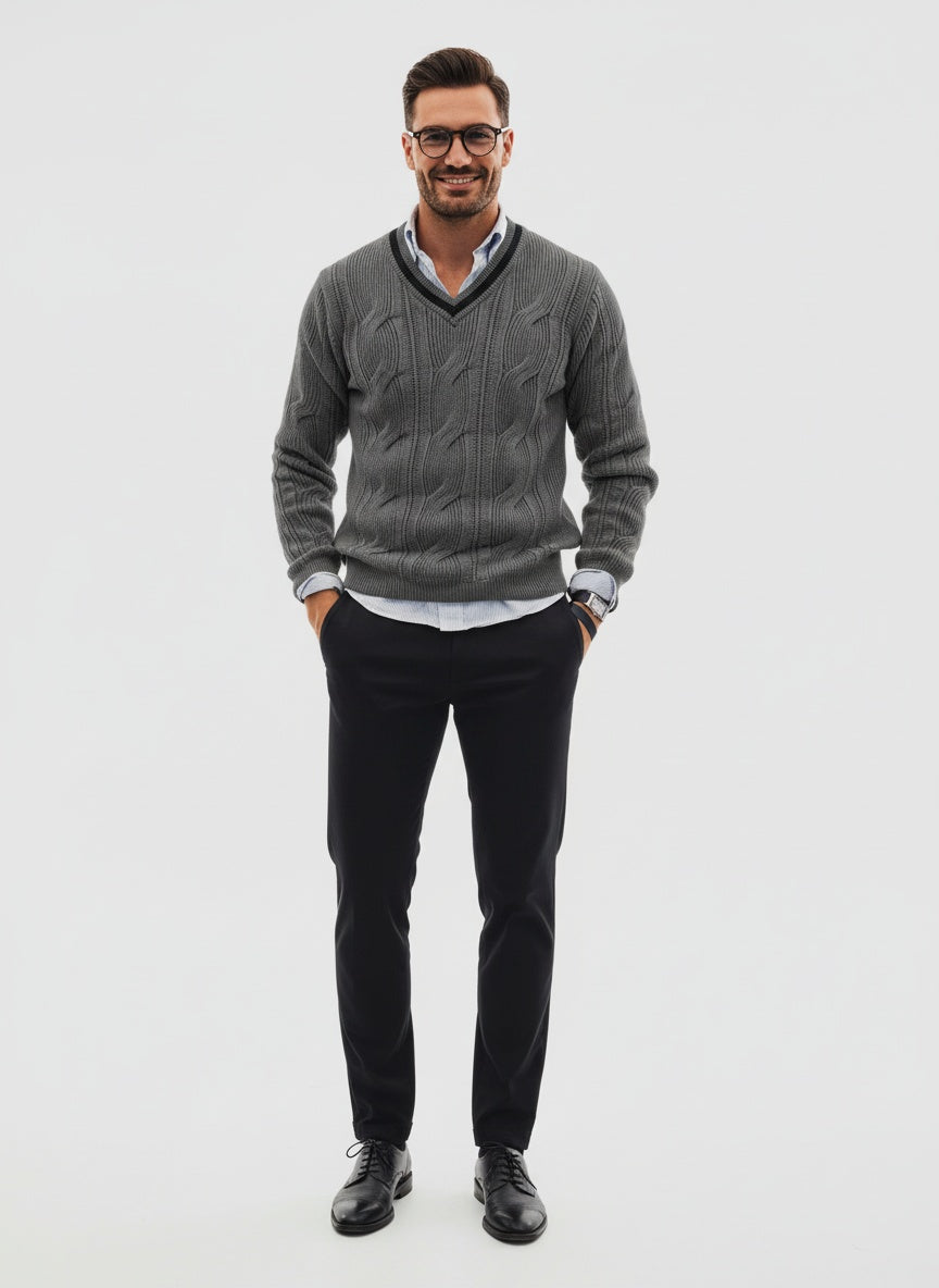 R&B | Strickpullover mit Ausschnitt und Zopfmuster