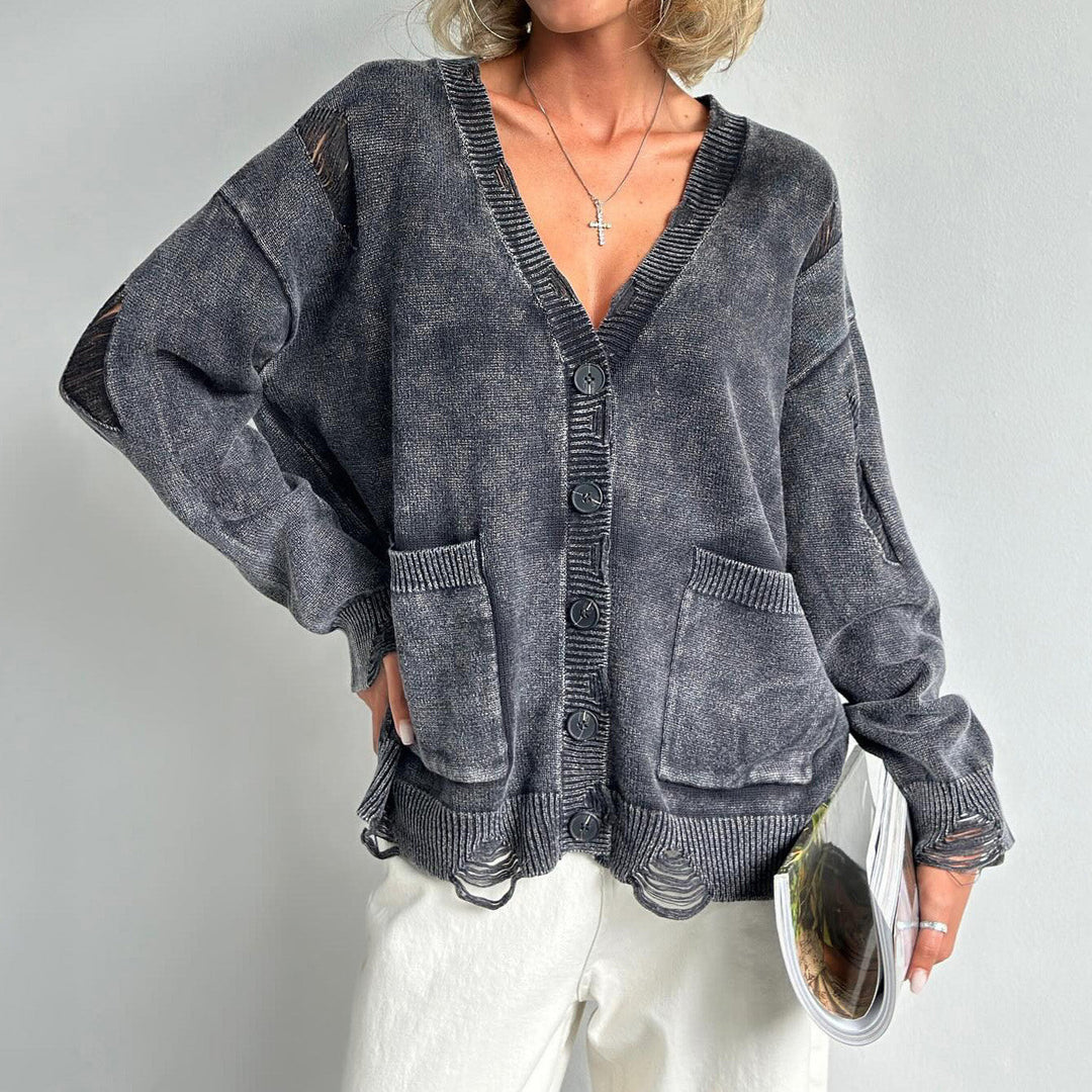 R&B | Damen Baumwollmix Pullover mit V-Ausschnitt und aufgesetzten Taschen