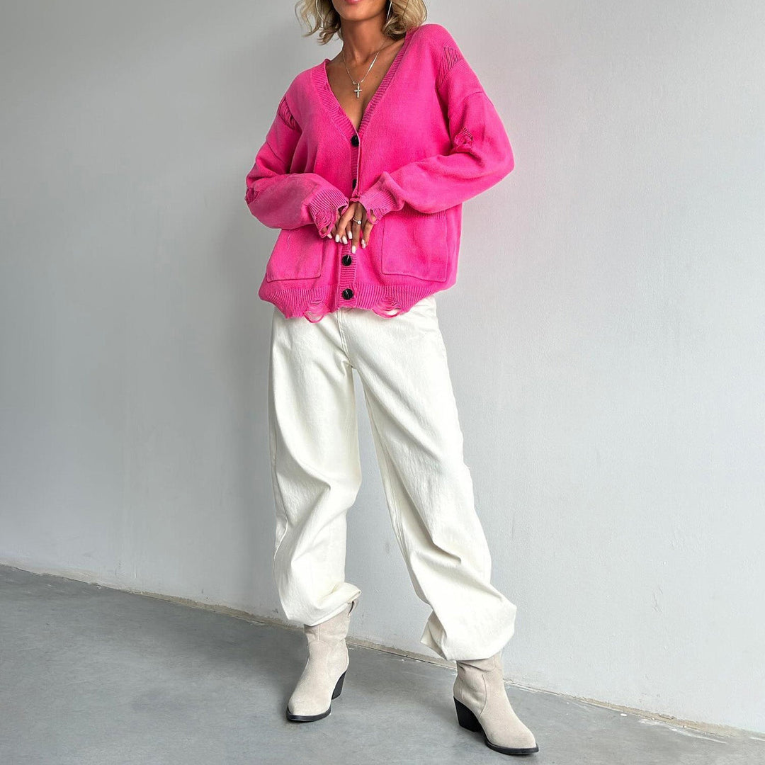 R&B | Damen Baumwollmix Pullover mit V-Ausschnitt und aufgesetzten Taschen