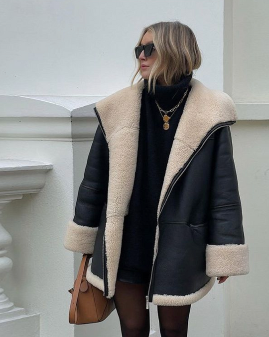 R&B | Überdimensionierte Lederjacke mit Teddyfutter Leder Perfekt für Kalte Tage