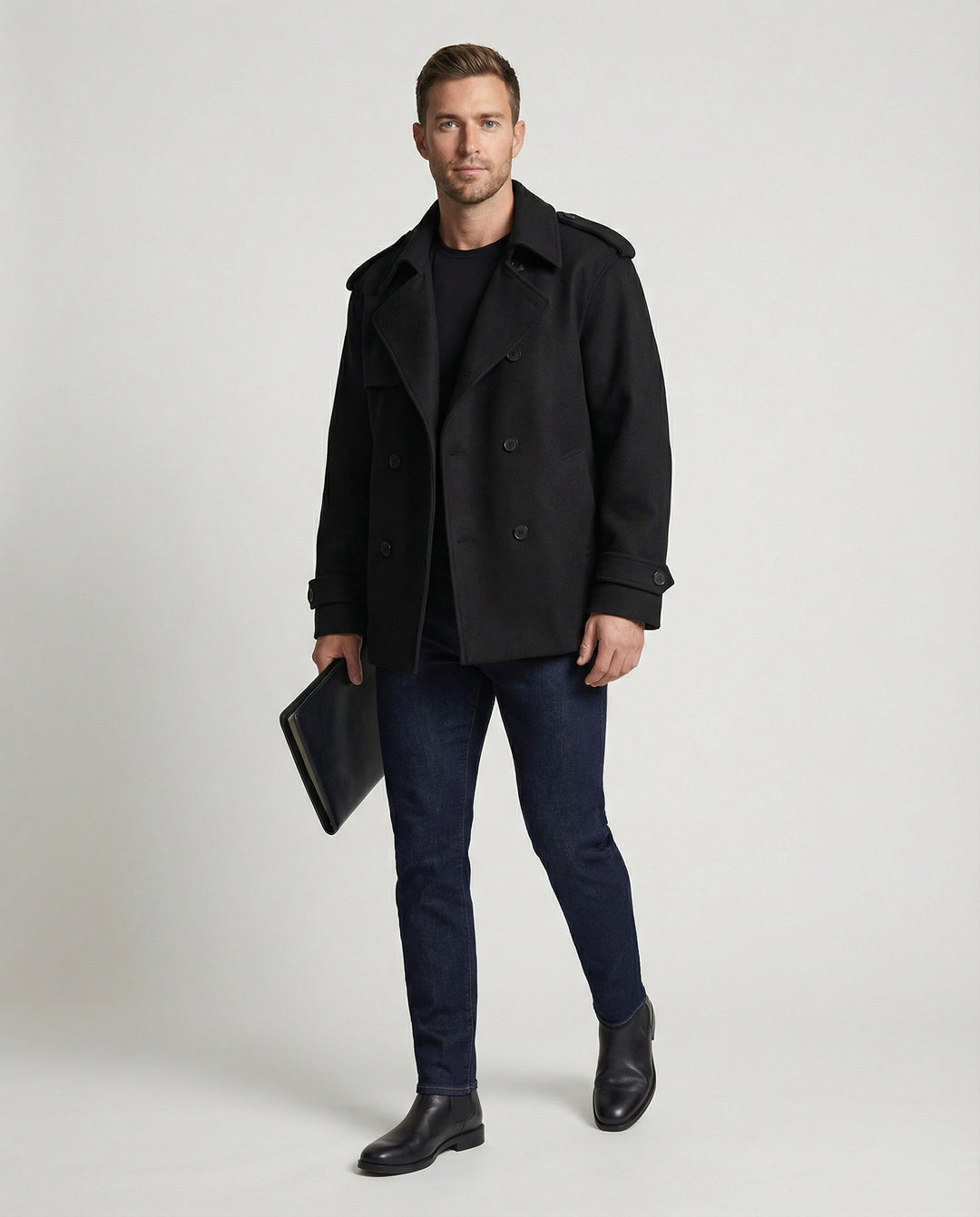 Herren Kurzmantel Raglanärmel Doppelreiher Cleanfit Jacke Schwarz Locker