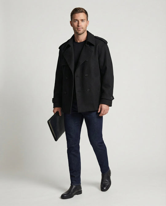Herren Kurzmantel Raglanärmel Doppelreiher Cleanfit Jacke Schwarz Locker