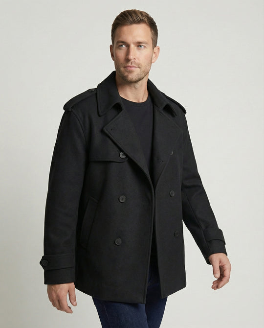 Herren Kurzmantel Raglanärmel Doppelreiher Cleanfit Jacke Schwarz Locker