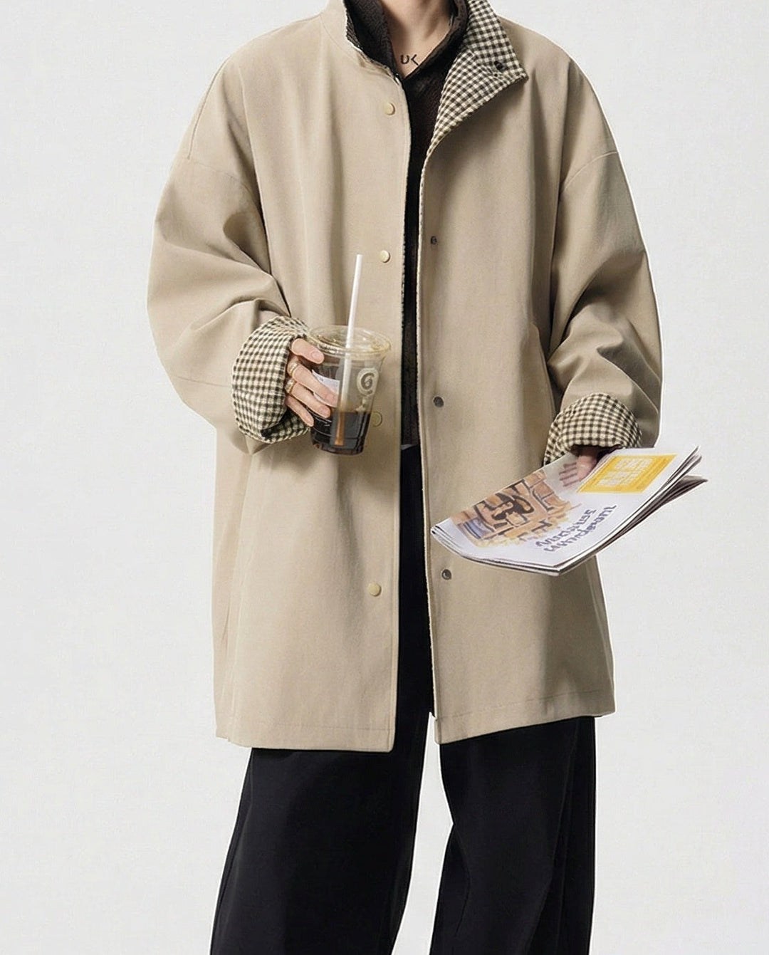Herren Trenchcoat Khaki Mittellang Lockerer Schnitt Herbst Mantel