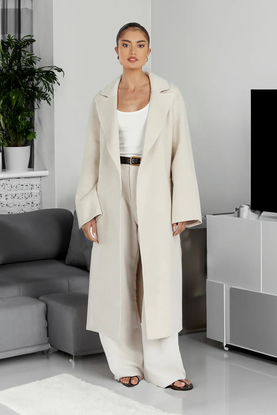 R&B | Damen Lange Woll-Trenchcoat mit Reverskragen und Eleganter Passform