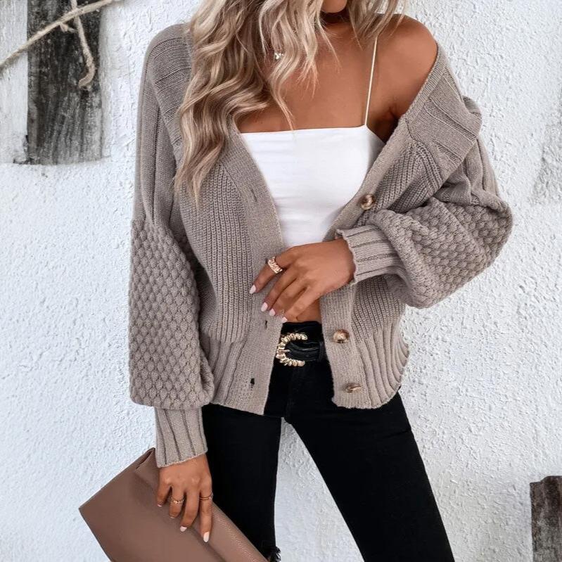 R&B | Damen Strickcardigan mit Knopfverschluss und Ballonärmel