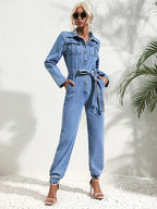 R&B | Lässiger Denim-Jumpsuit mit Gürtel und Langen Ärmeln für Damen