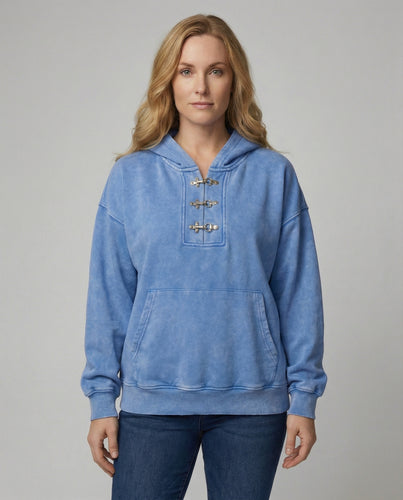 Vintage Washed Hoodie Oversized Kurz geschnitten Baumwolle Unisex Blau