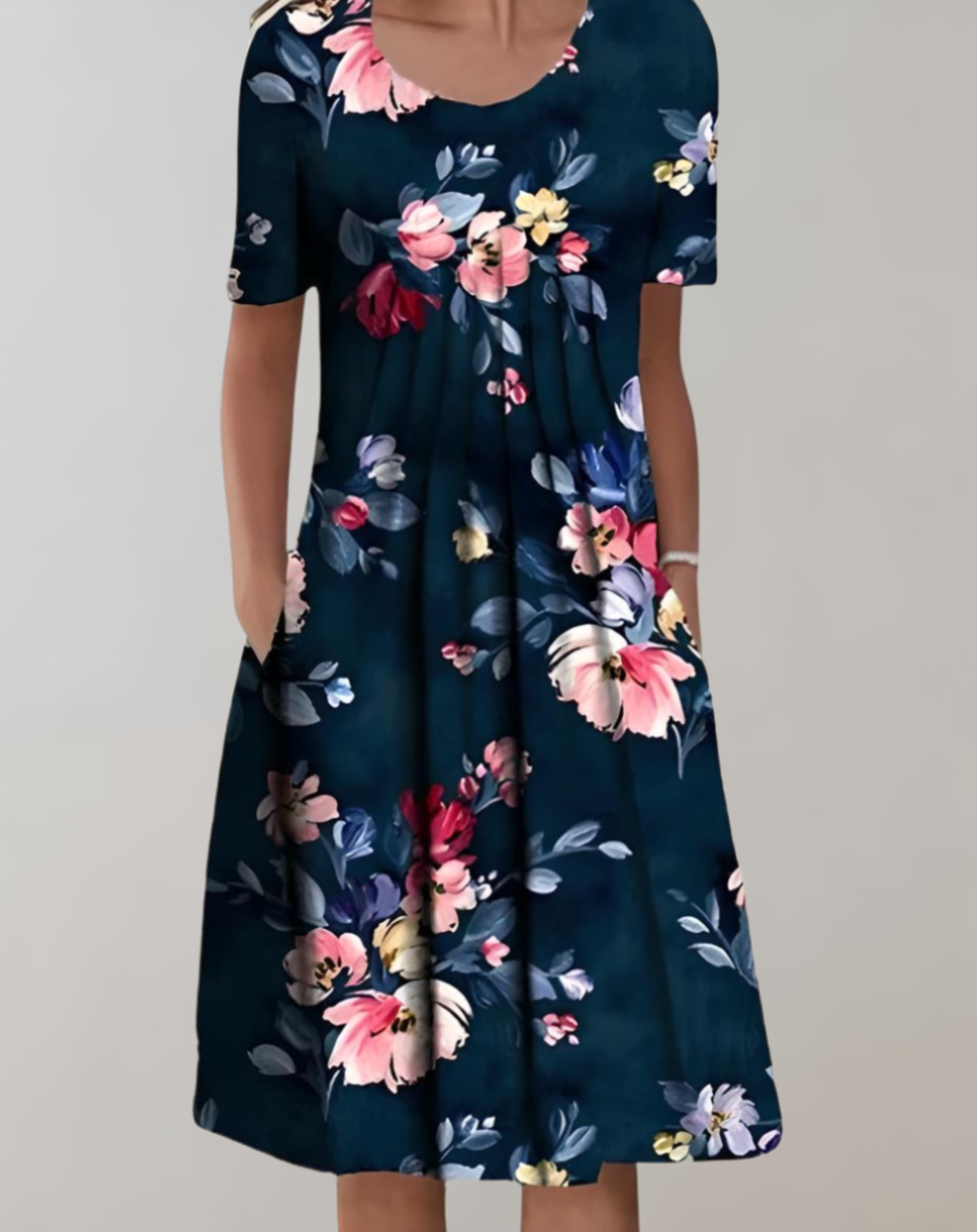 R&B | Kurze Ärmel, Lockeres Midikleid mit Blumenmuster und Taschen