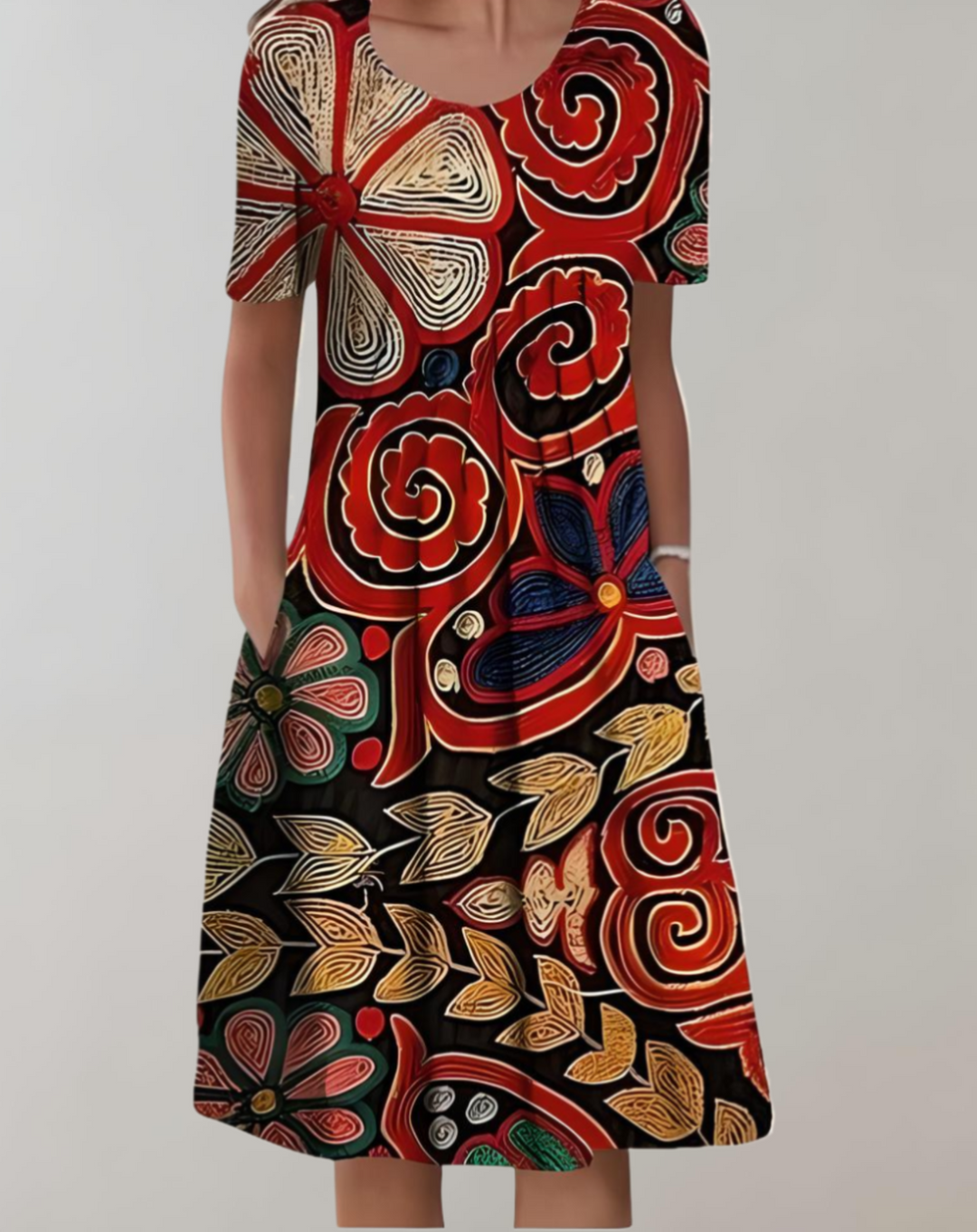 R&B | Kurze Ärmel, Lockeres Midikleid mit Blumenmuster und Taschen