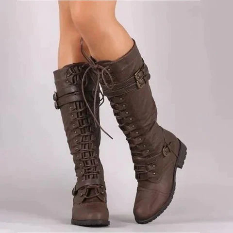 R&B | Steampunk Knielange Stiefel Schnürung, Schnallendetail, Pu Leder für Herbst und Winter