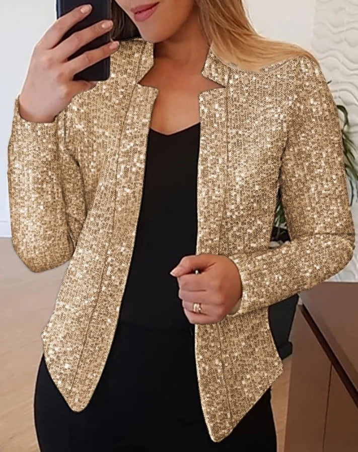 R&B | Langärmeliger Paillettenblazer-Mantel
