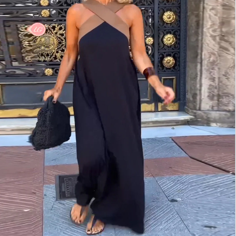 R&B | Kreuzförmig Rückenfreies Elegantes Kleid mit Kontrastfarbe