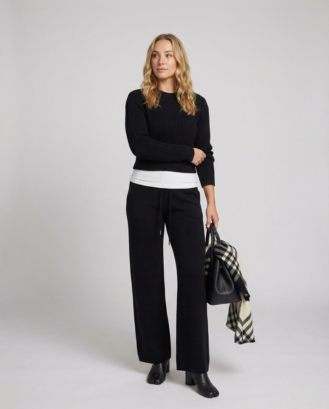 Schwarze Fleece Freizeithose Damen Weite Loose Fit Hose