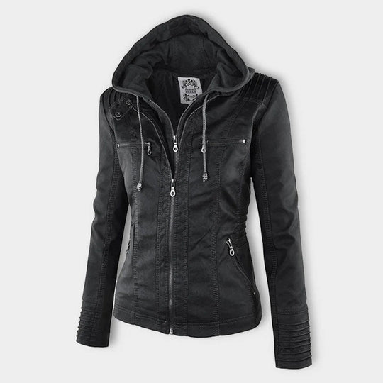 Seitenansicht einer schwarz lederjacke mit kapuze