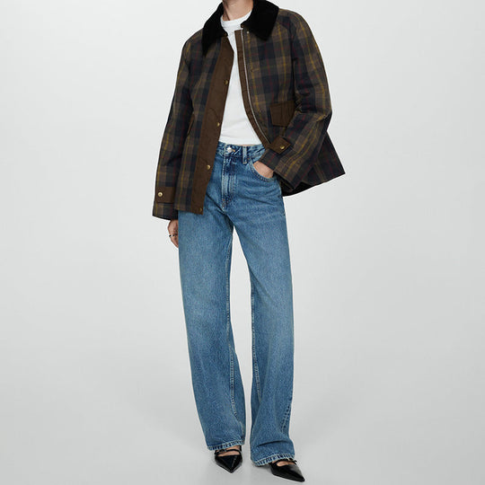 R&B | Damen Warme Karierte Jacke mit Weichem Kunstfellkragen und Großen Taschen